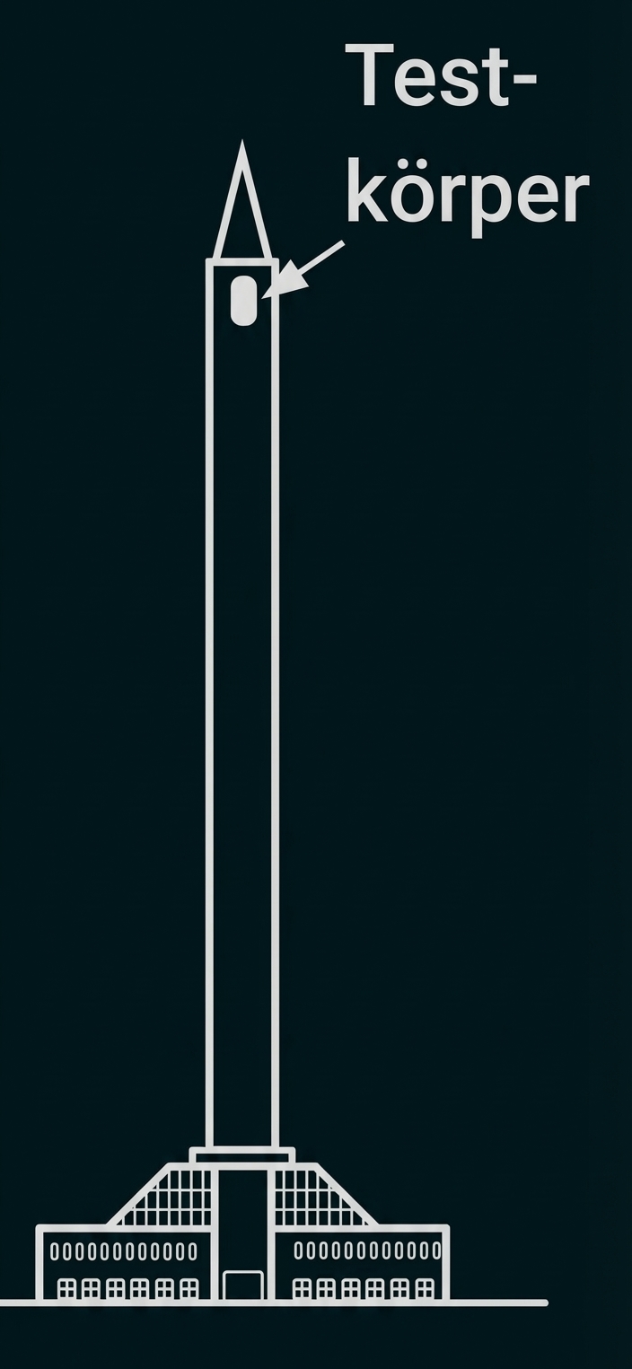 Hoher Turm über Gebäude, Pfeil zeigt Testkörper nahe Spitze.